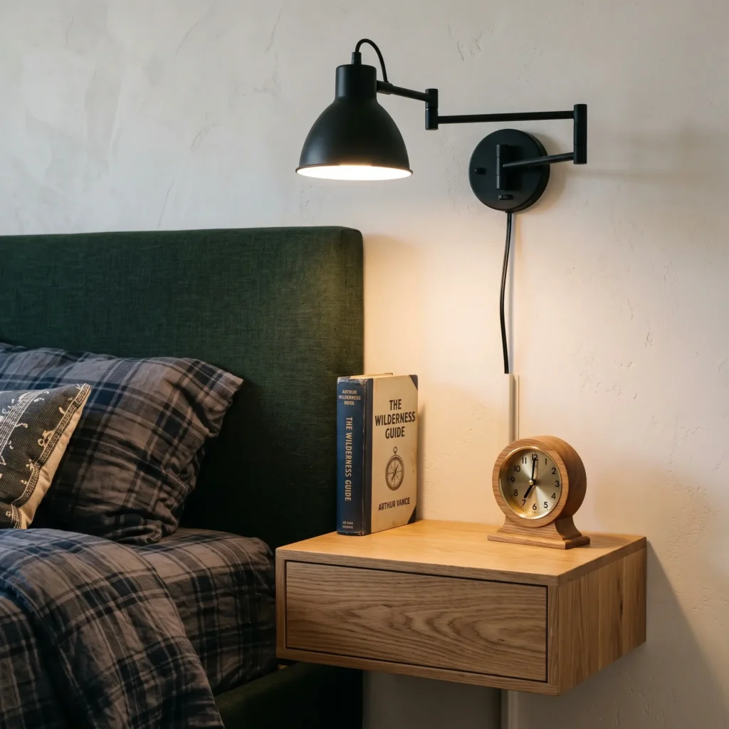 Matte black swing-arm wall sconce mounted over a boy's bedside table with warm light.
