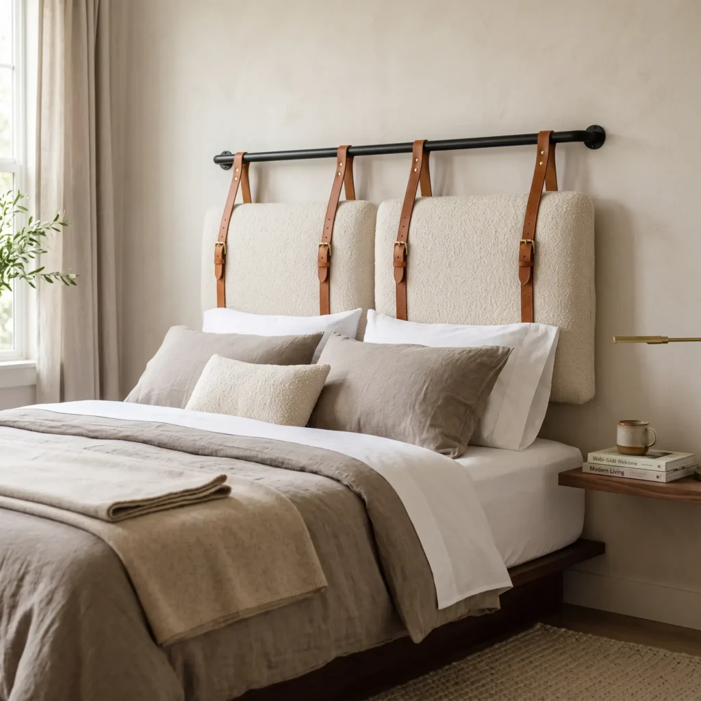 Cream bouclé hanging headboard suspended by leather straps from a matte black rail.