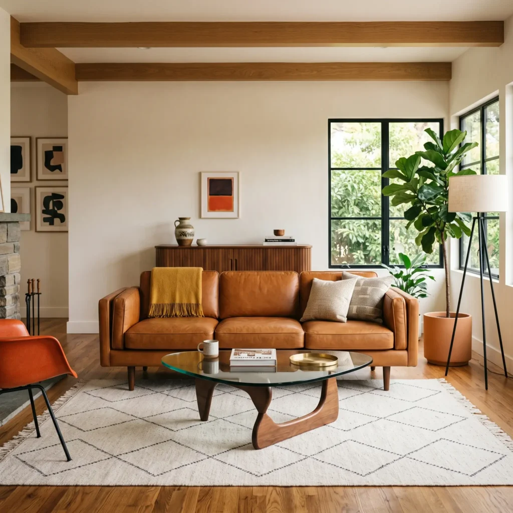 Mid-century modern living room with cognac leather sofa and walnut credenza on hardwood floor