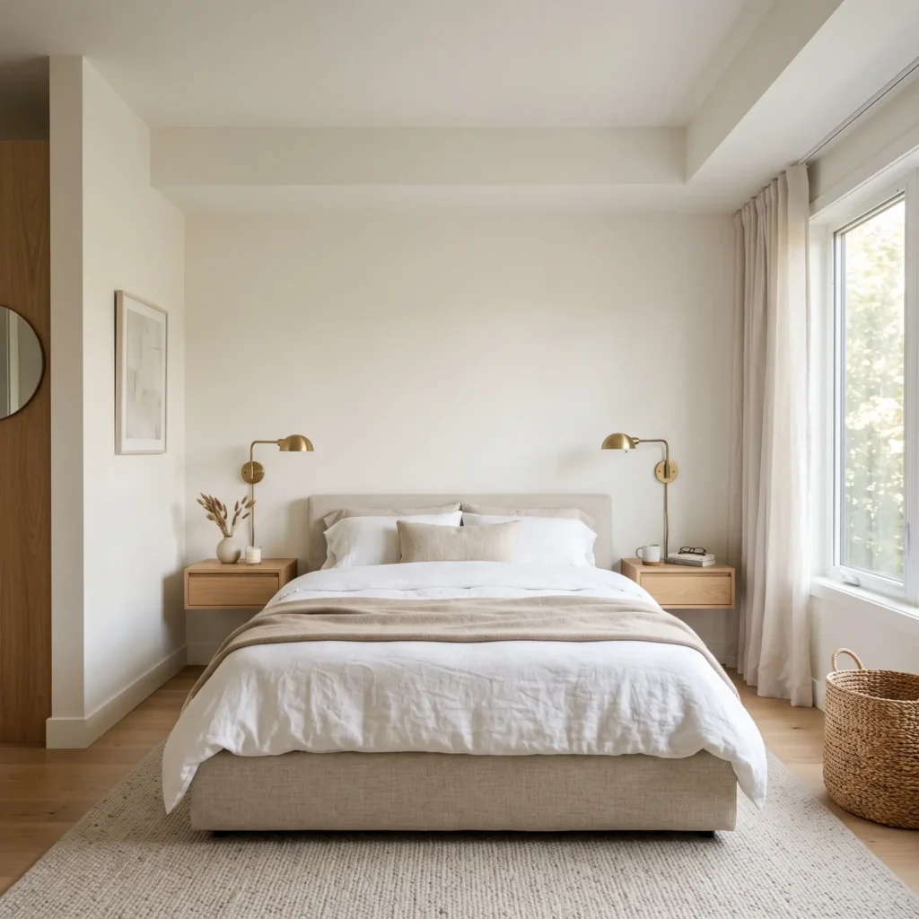 Small bedroom painted in Sherwin-Williams Alabaster with white oak nightstands and brass sconces.