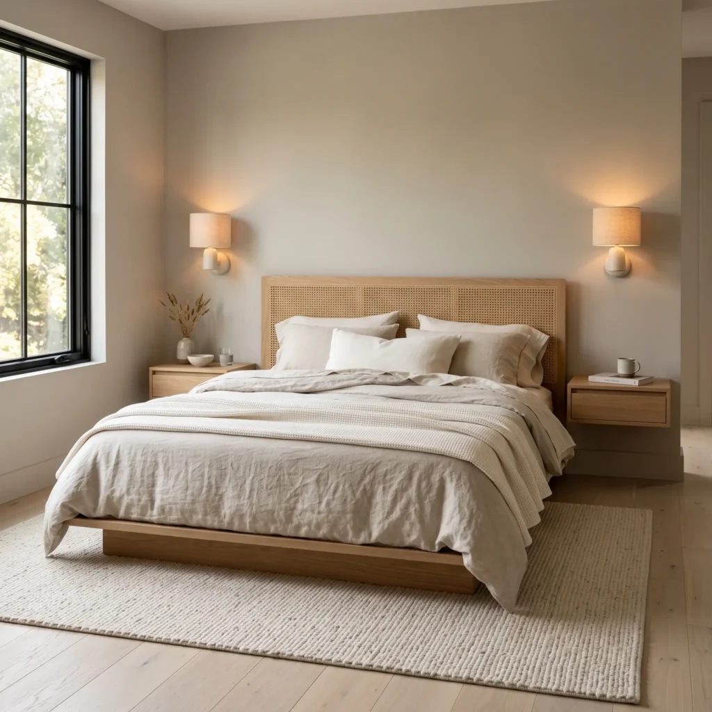 Modern warm greige master bedroom featuring Benjamin Moore Edgecomb Gray walls, natural white oak cane bed, and layered oatmeal linen bedding.
