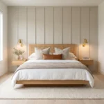 Modern warm grey master bedroom with white oak bed frame, brass sconces, and layered linen bedding