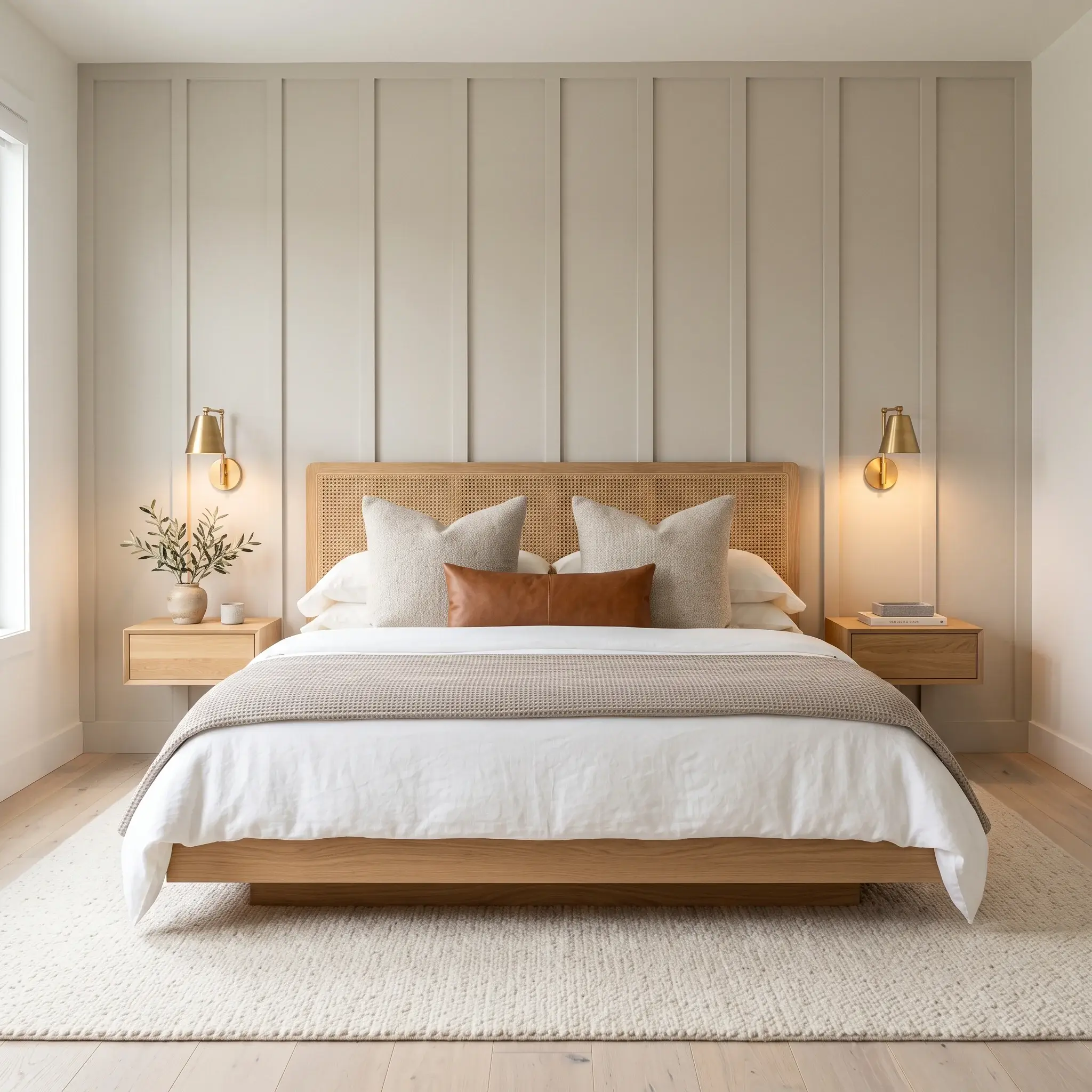 Modern warm grey master bedroom with white oak bed frame, brass sconces, and layered linen bedding