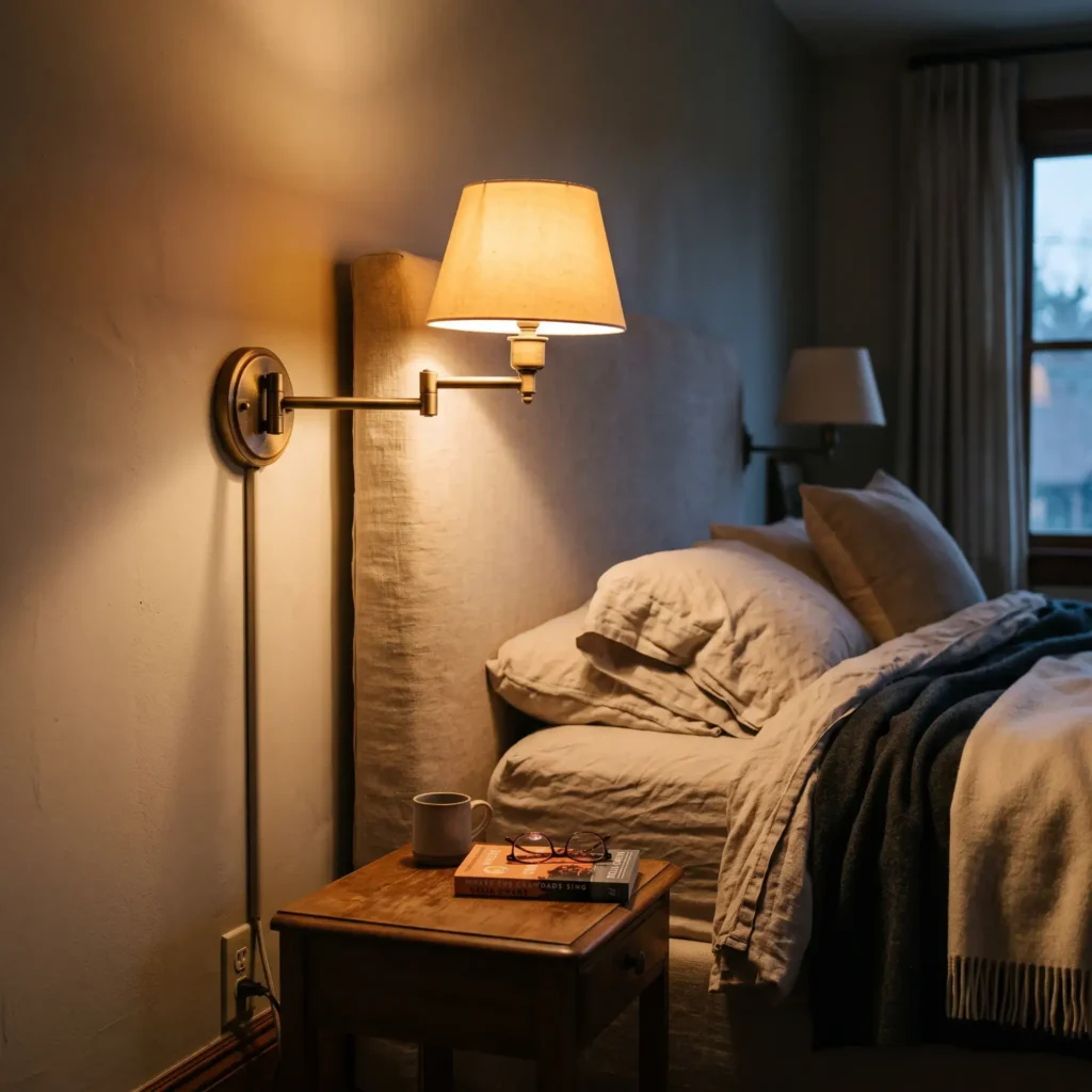 Articulating plug-in brass wall sconce casting warm 2700K ambient light beside a modern upholstered bed.