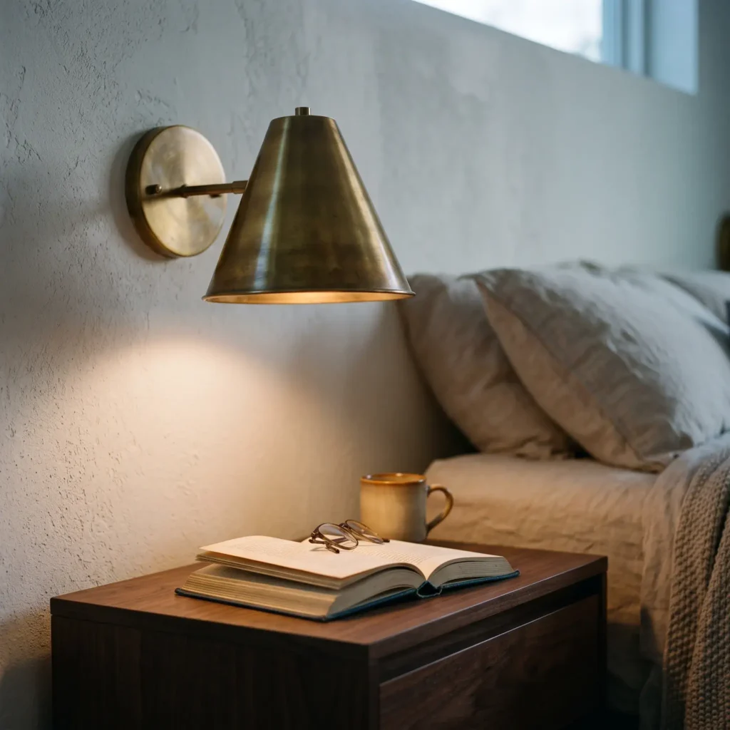 Brushed brass bedside wall sconce illuminated with a cordless rechargeable puck light.
