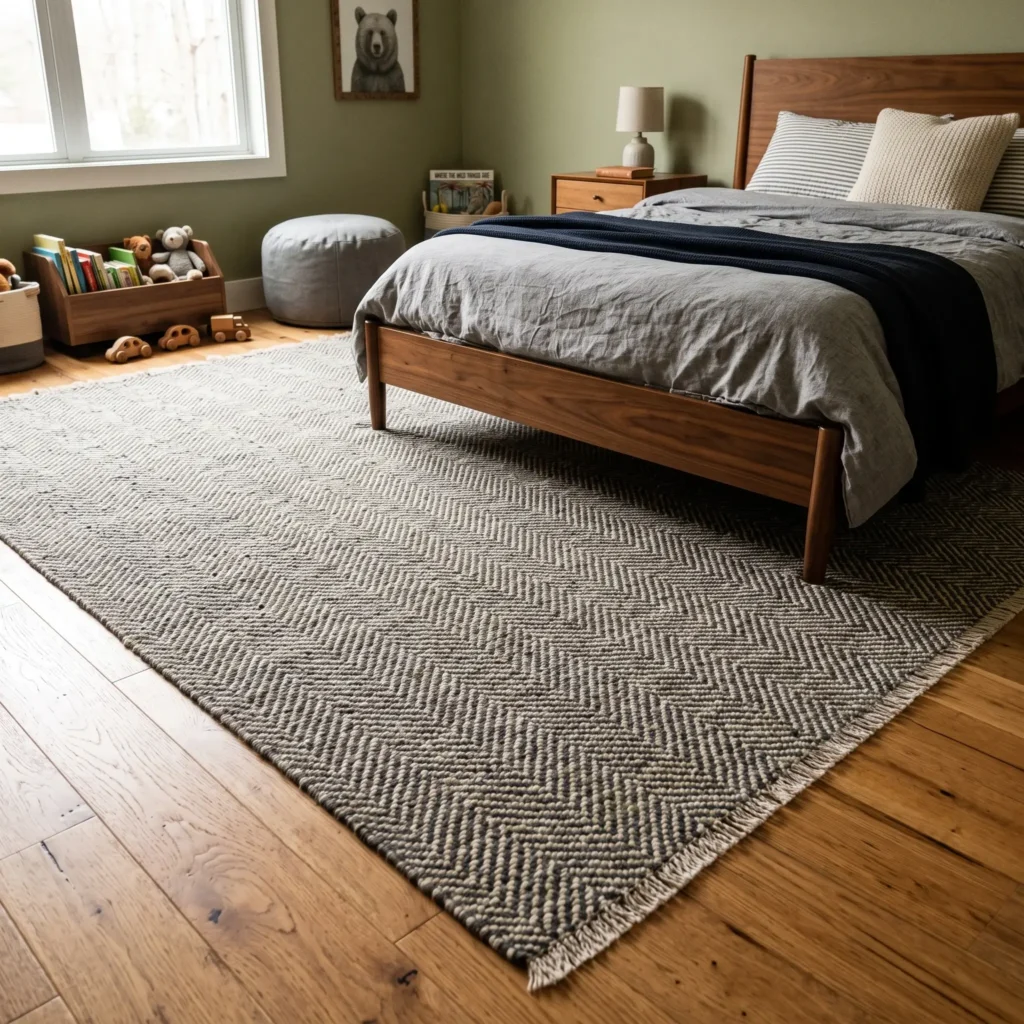 Large muted geometric wool area rug placed under the lower two-thirds of a boy's bed.