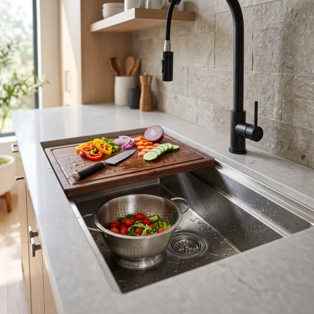 Undermount workstation kitchen sink with a sliding walnut cutting board and colander resting on integrated inner ledges.