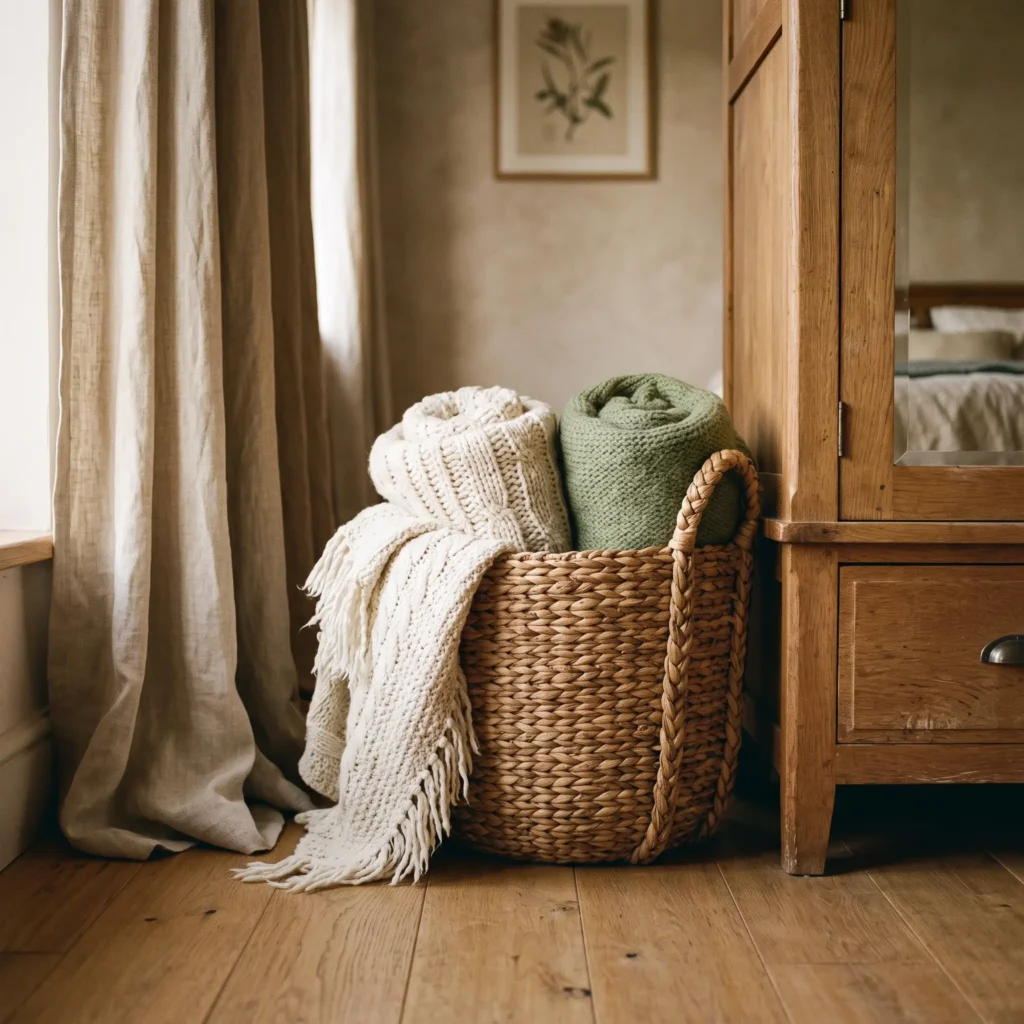 Large round woven water hyacinth basket sitting on bedroom floor holding rolled knit blankets.