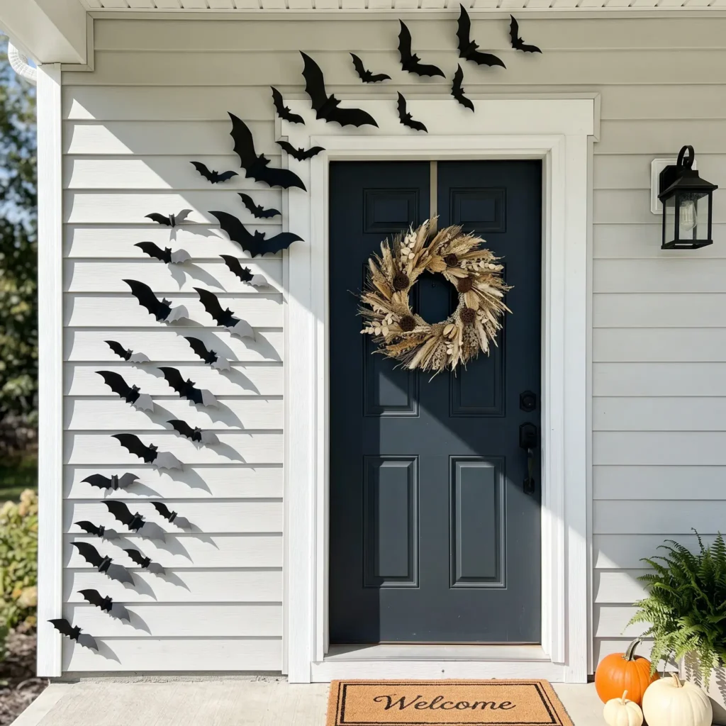 Black 3D plastic bats arranged in a flight pattern across front porch siding and around the door.