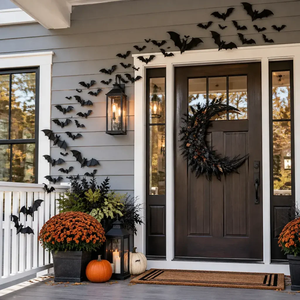 Three dimensional black bats climbing across house siding around a dark crescent moon door wreath.