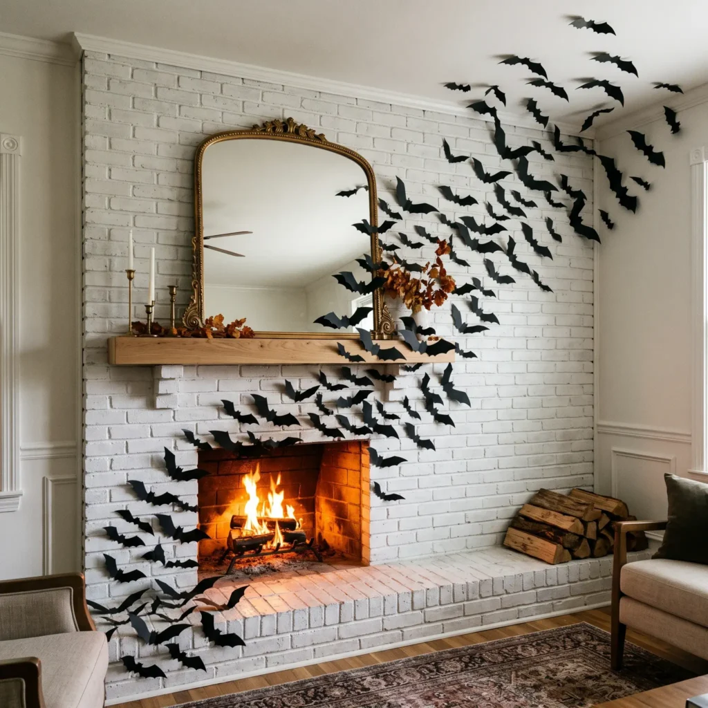 Three-dimensional black paper bats folded and arranged flying across a white brick fireplace and vintage mirror.