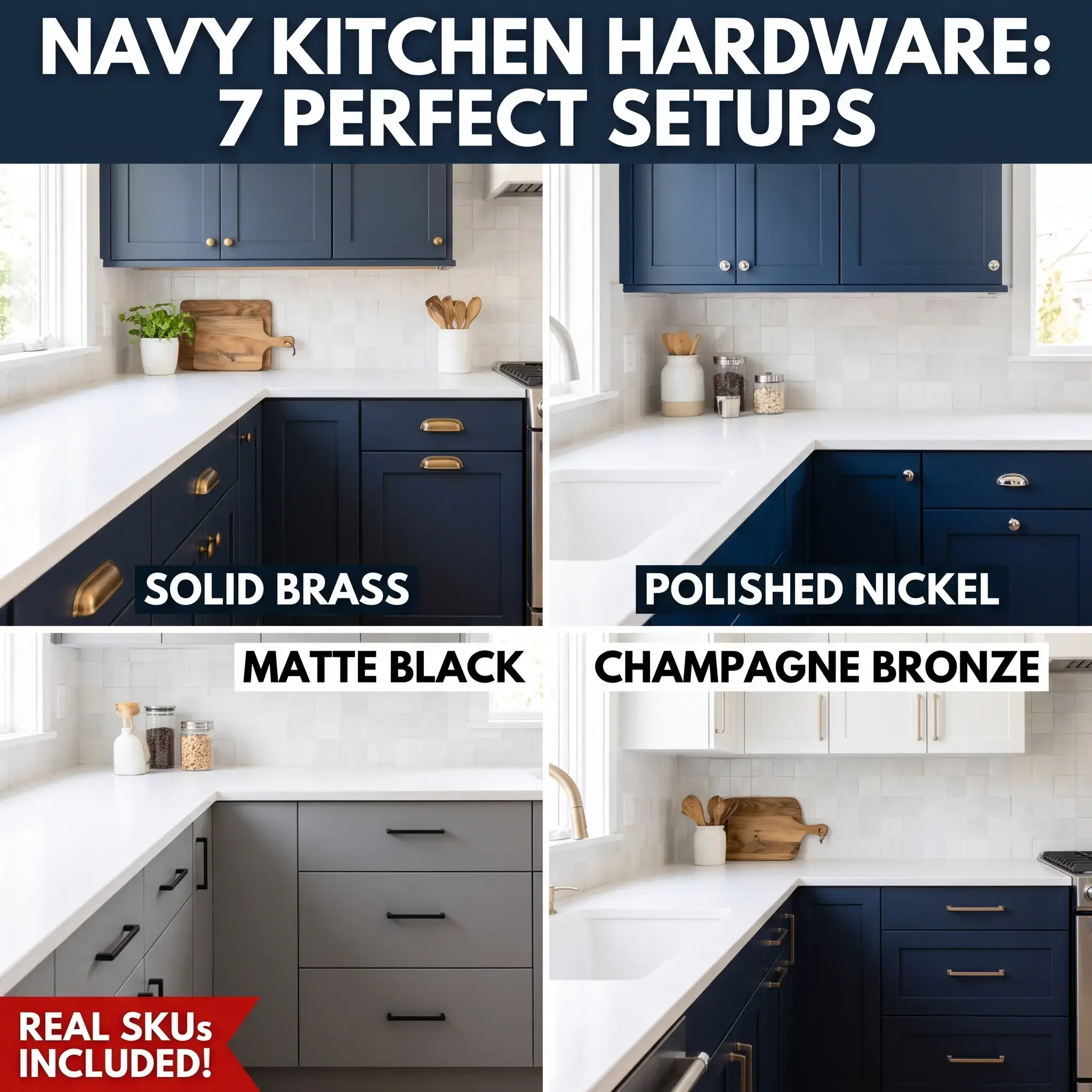 7 Navy Blue Kitchen Cabinets Hardware Setups with Real SKUs