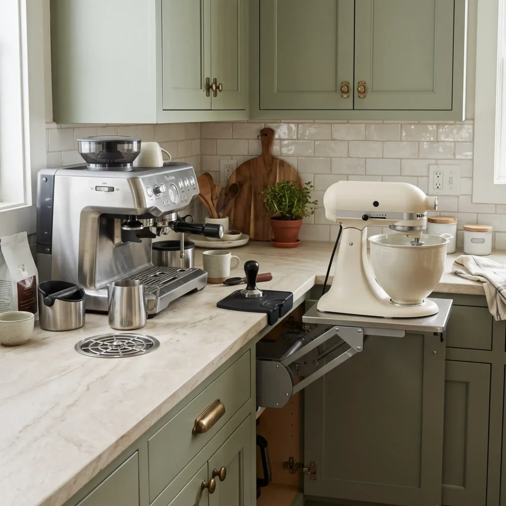 Multi functional kitchen counter featuring a coffee machine, in-counter pitcher rinser, and a raised stand mixer lift.