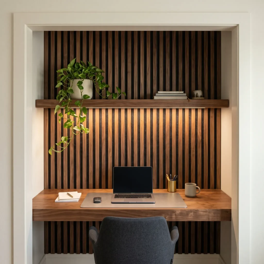 Closet converted into home office with vertical walnut acoustic slat paneling and floating timber desk