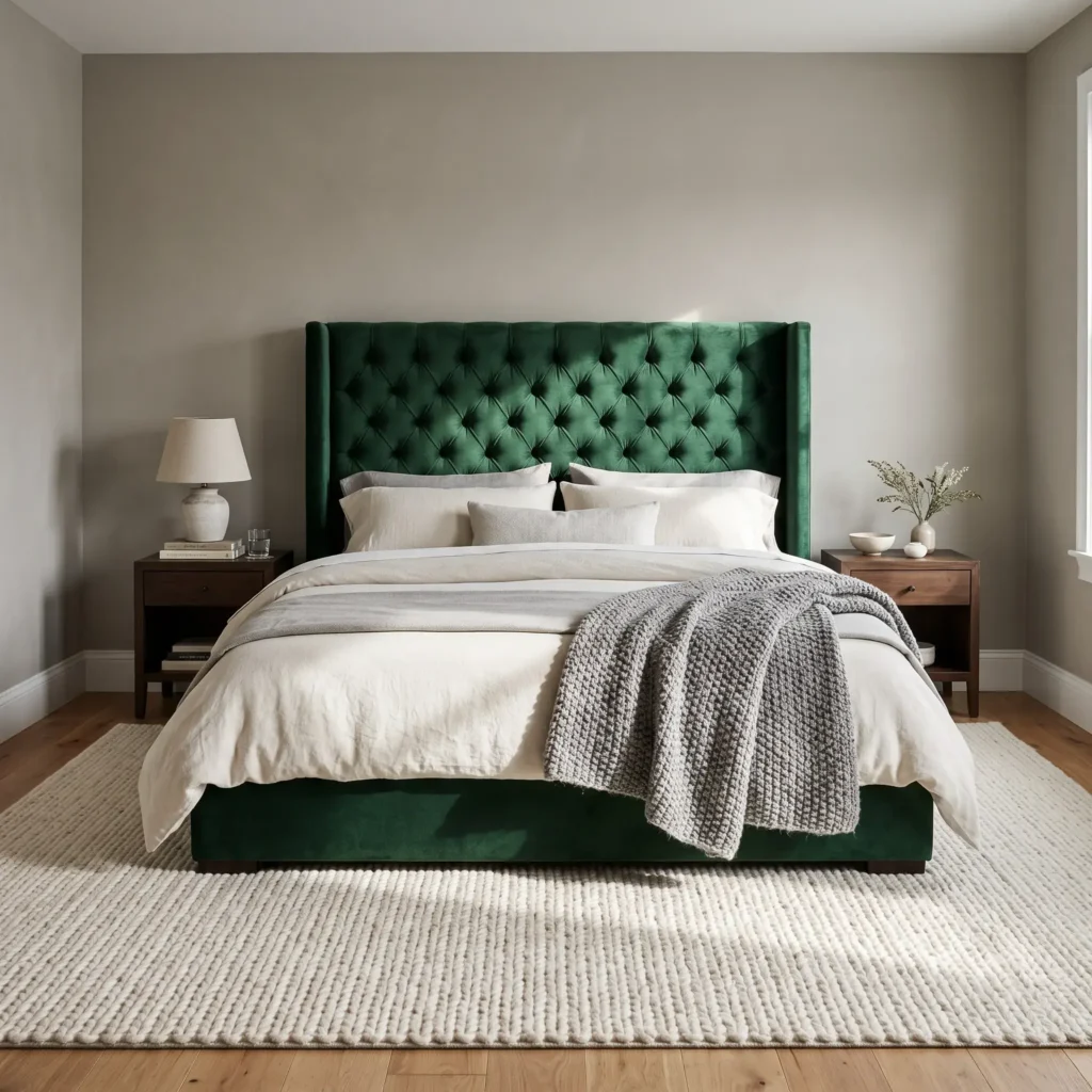 Forest green deep tufted velvet headboard placed over a cream ribbed wool area rug.