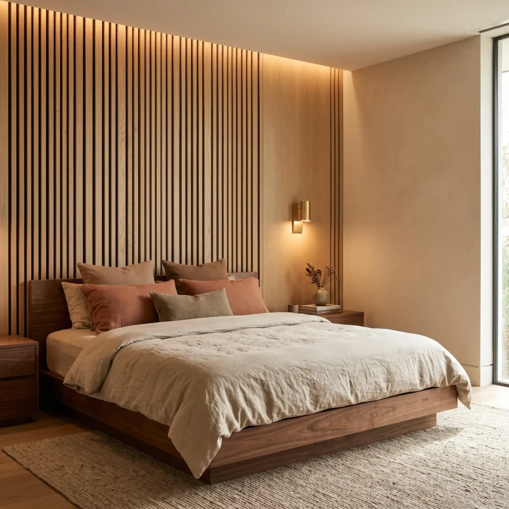 Modern bedroom with vertical natural white oak wood slat panels running from floor to ceiling behind a low platform bed.