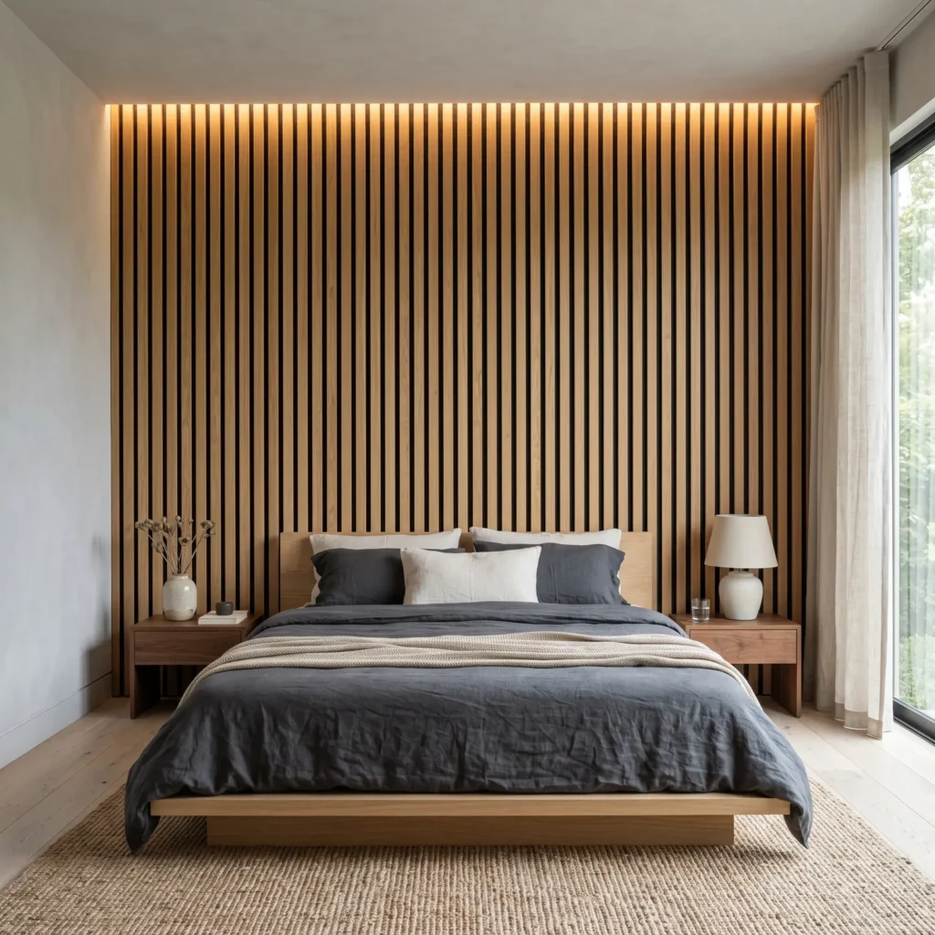 Vertical white oak acoustic slat wall panels extending behind a low platform bed up to the ceiling.