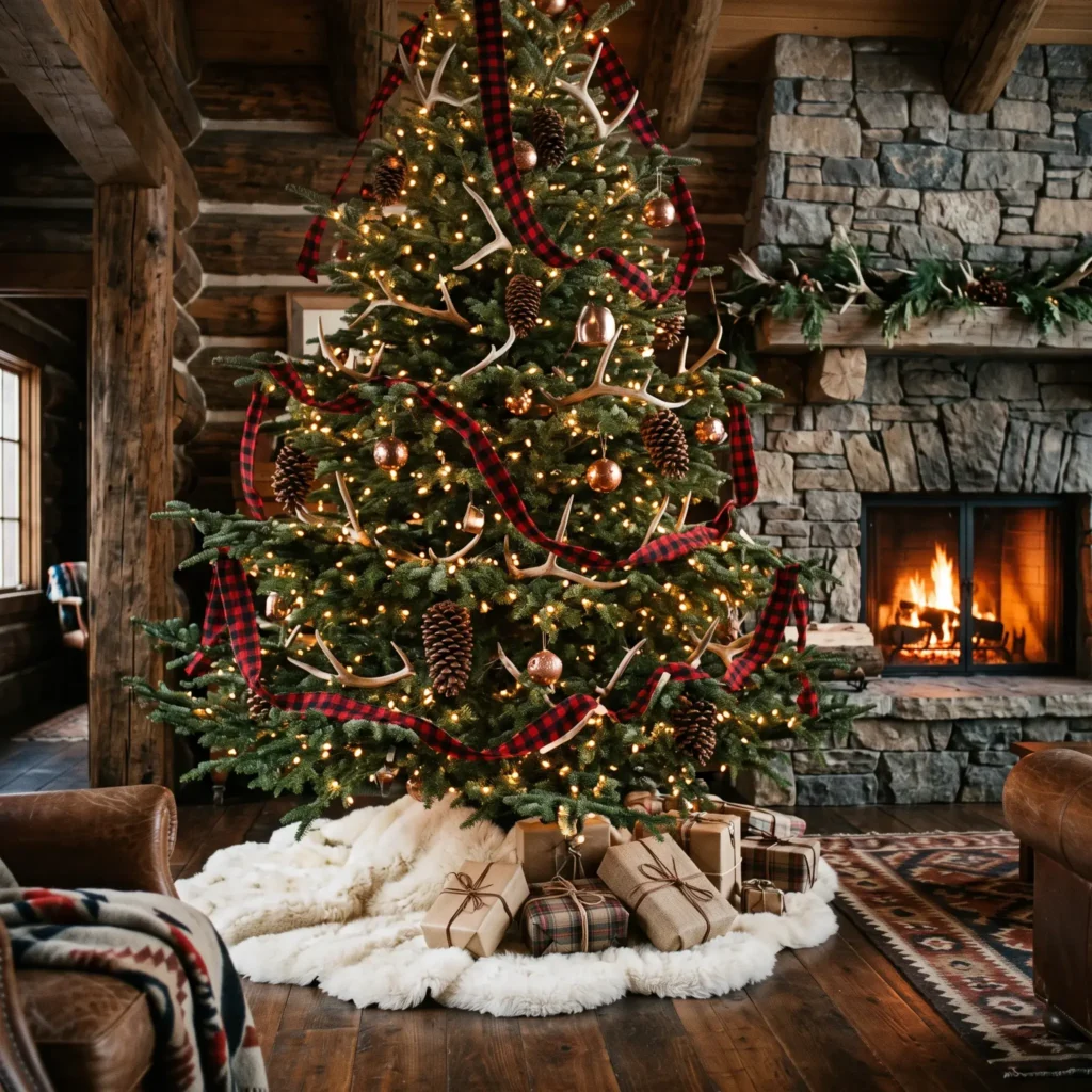 Rustic Ralph Lauren Double RL Christmas tree featuring shed deer antlers and warm copper ornaments.