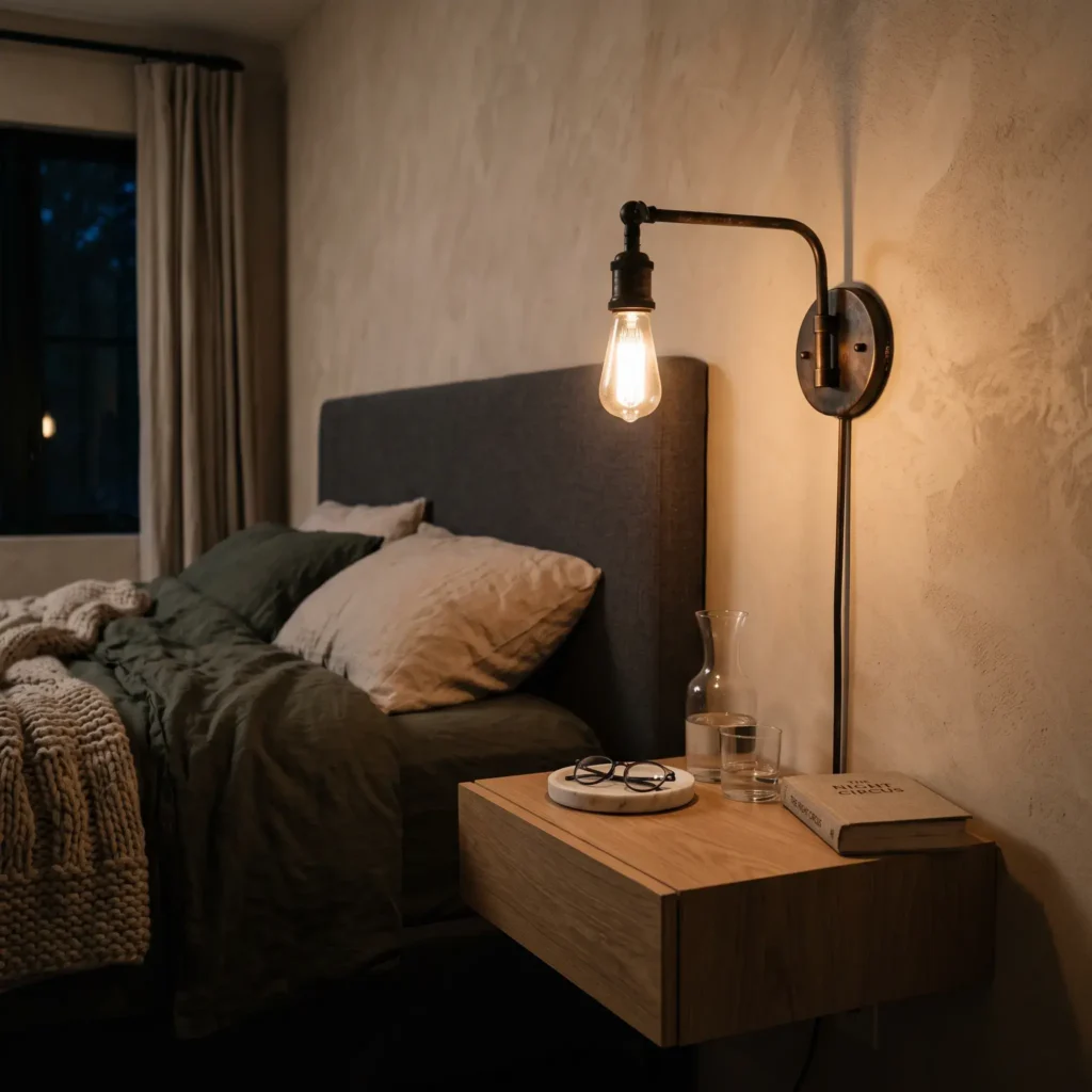 Blackened bronze swing arm wall sconce casting warm 2700K light over an oak nightstand.