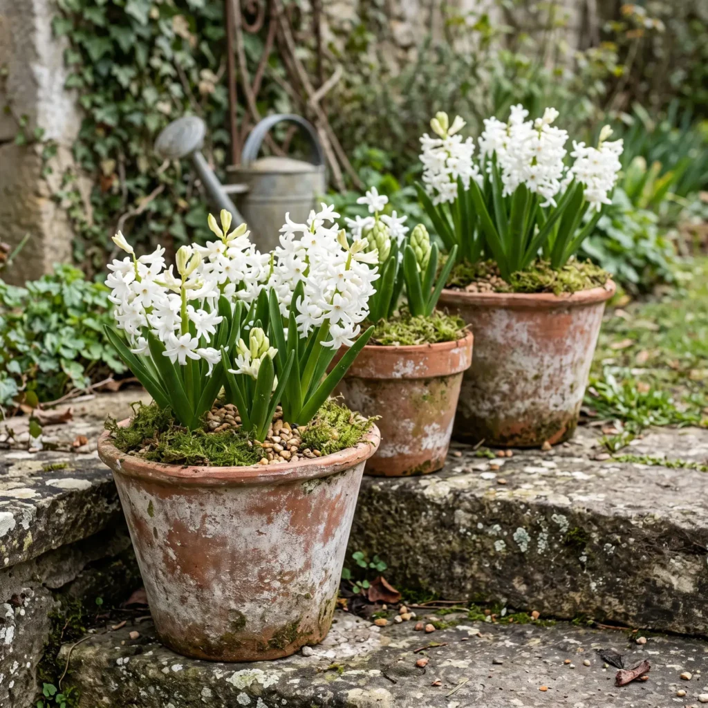 Weathered terracotta pots with white lime patina planted with blooming white hyacinths and green moss.