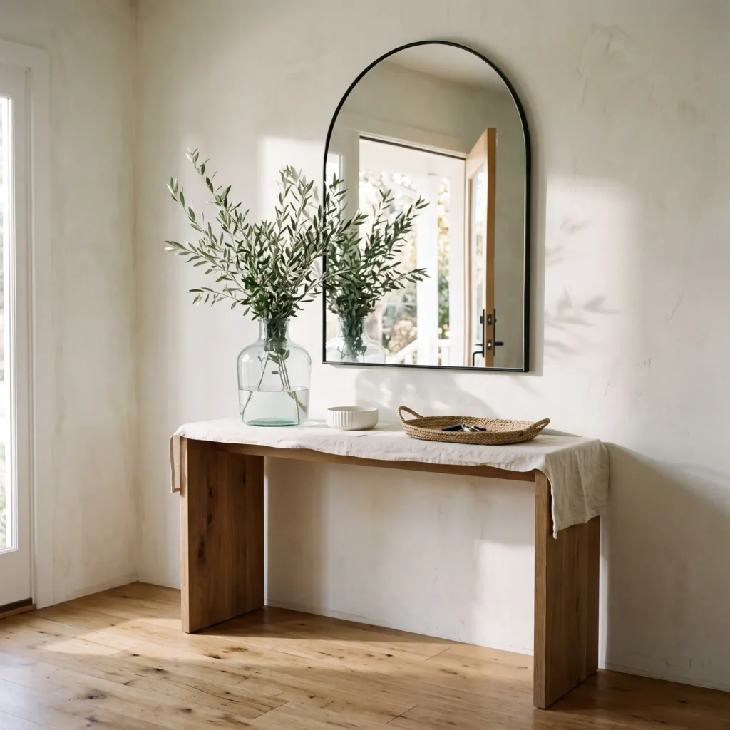 Light oak console table in a bright entryway featuring a large arched mirror, clear glass vase with fresh branches, and woven seagrass tray.