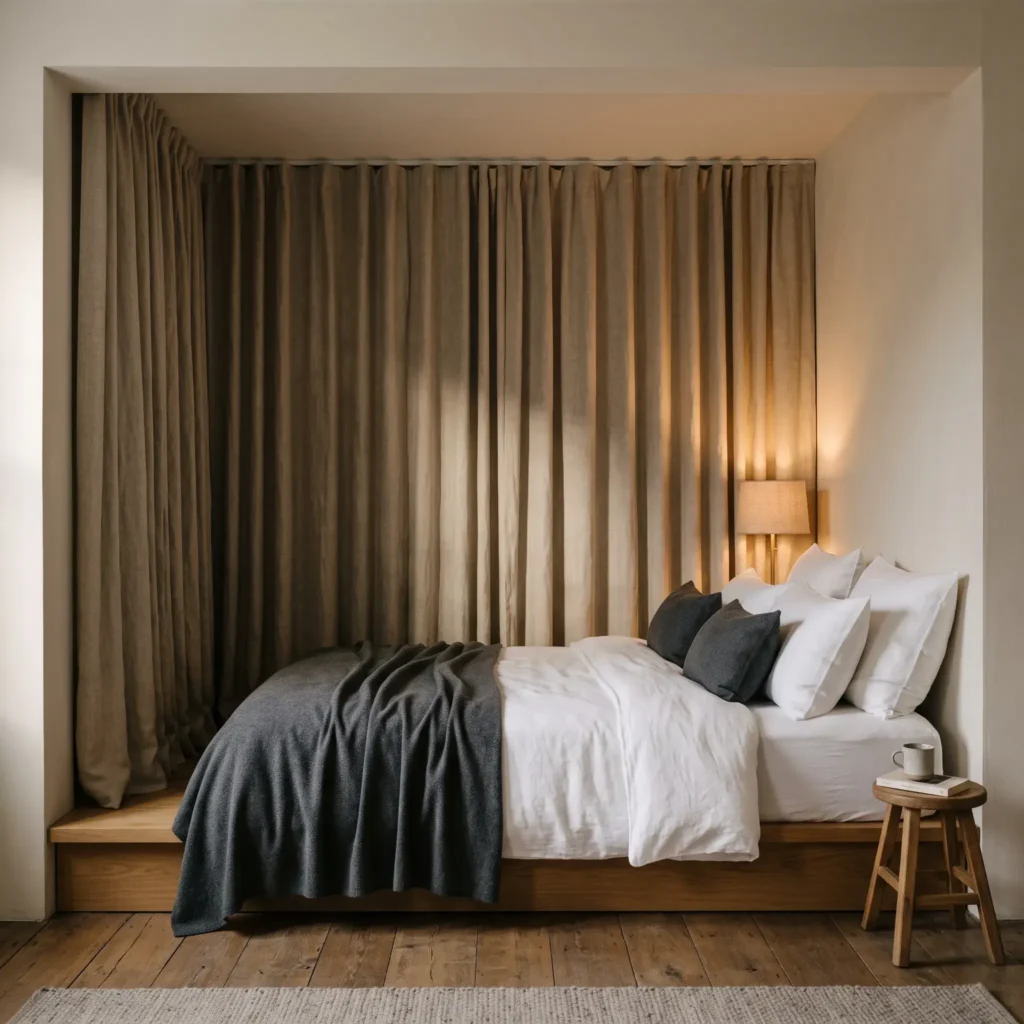 Floor-to-ceiling washed linen curtains hung on a tension rod behind a bed in a bedroom alcove.