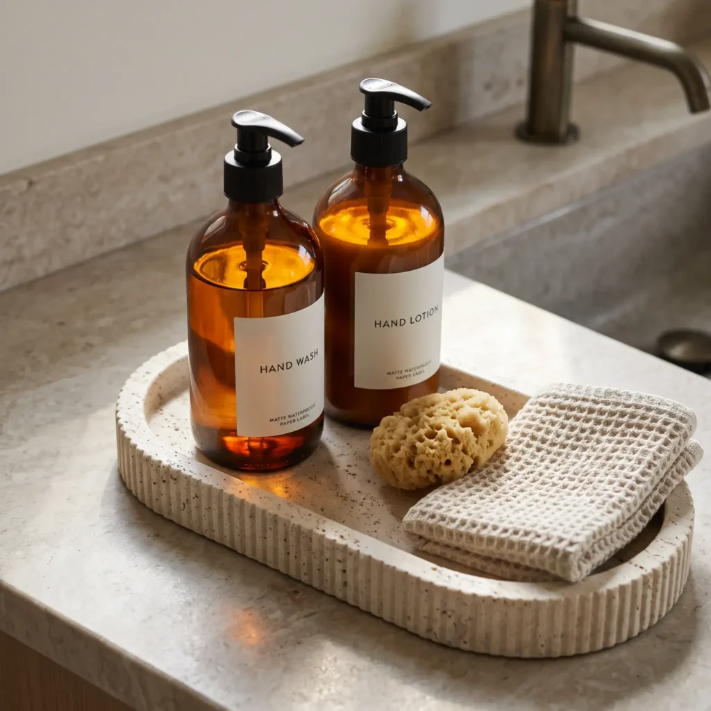 Pair of amber glass pump bottles on a travertine tray next to a bathroom sink.