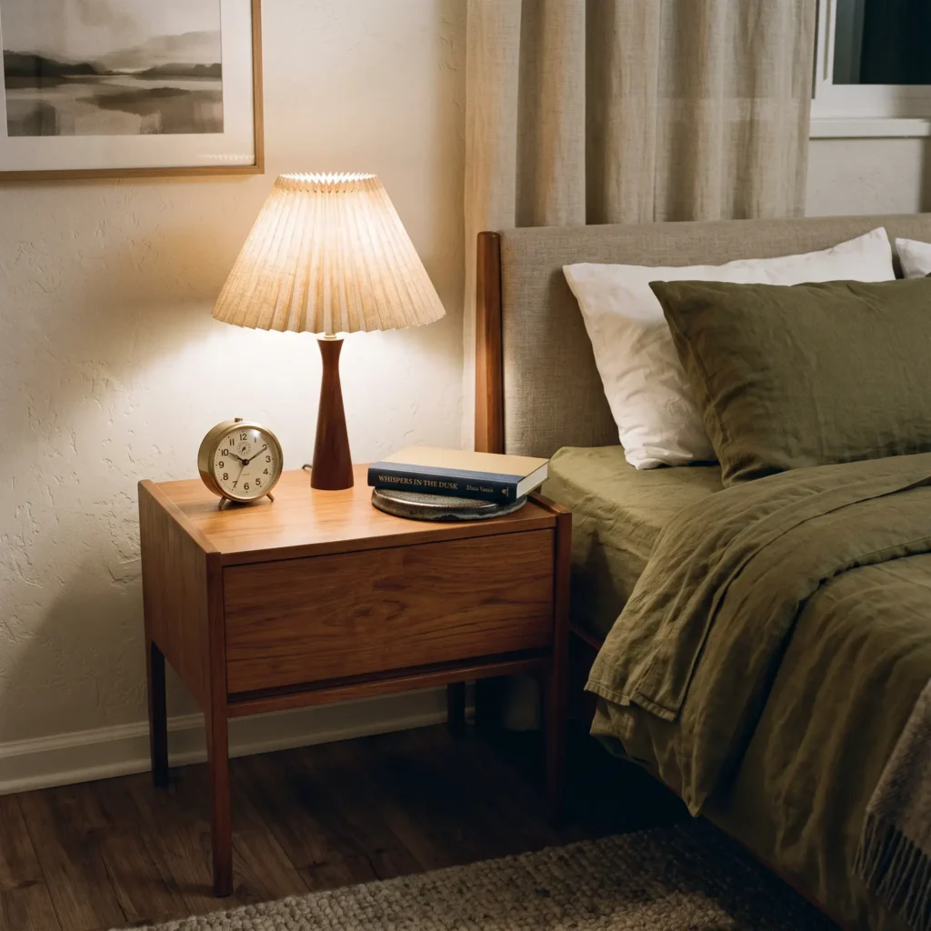 Mid-century teak bedside table with an analog brass alarm clock, ceramic lamp, and hardcover novel.