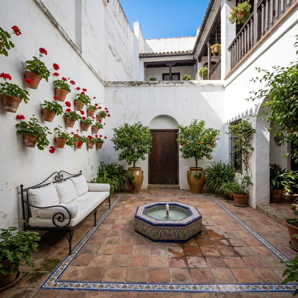 Enclosed Andalusian courtyard patio with whitewashed walls, Spanish tile patterns, central stone fountain, and red wall pots.