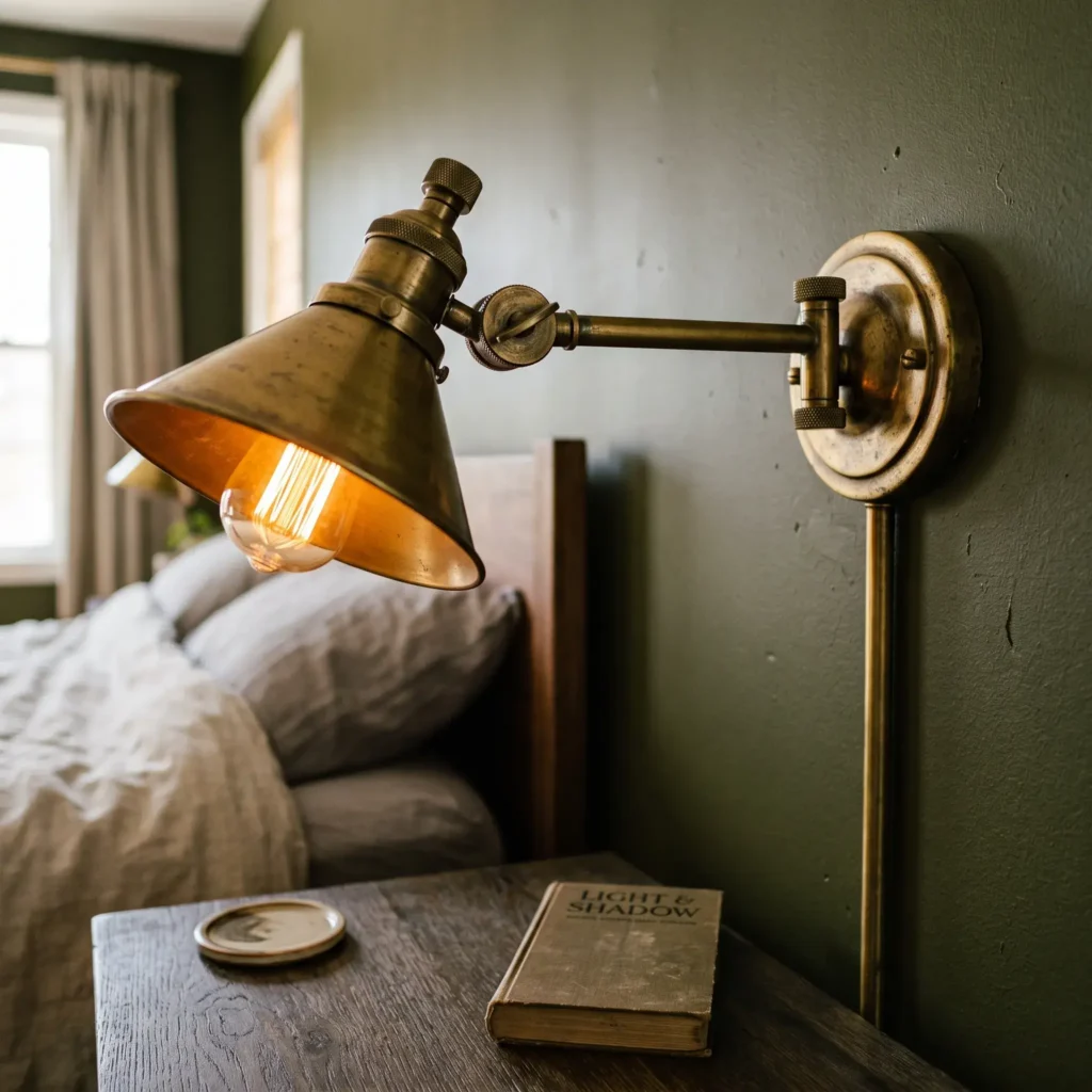 Articulating antique brass swing-arm plug-in sconce with knurled joints on an olive green wall.