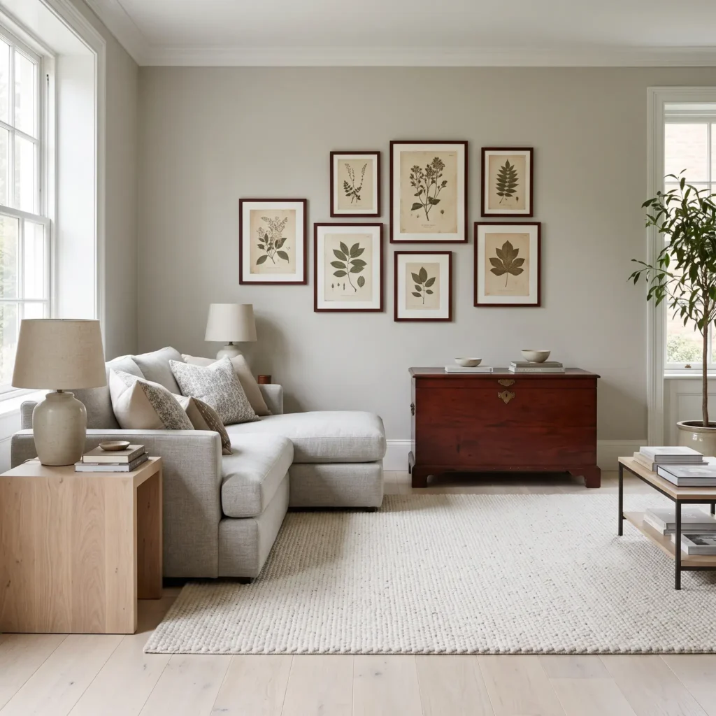 Living room combining an antique red mahogany cabinet with modern bleached oak floors and matching frames.