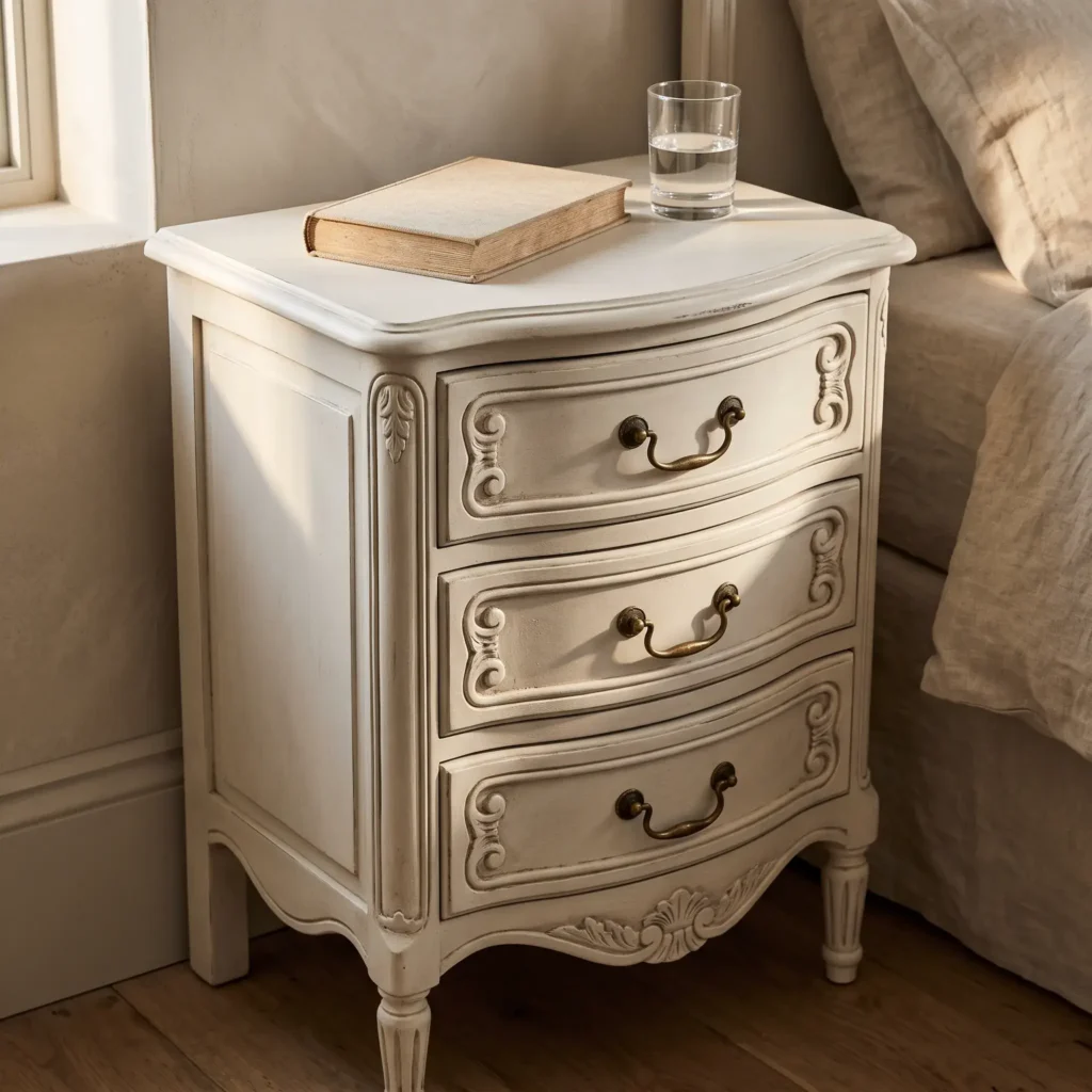 Aged French provincial nightstand finished in chalk paint with dark wax patina and antique brass hardware