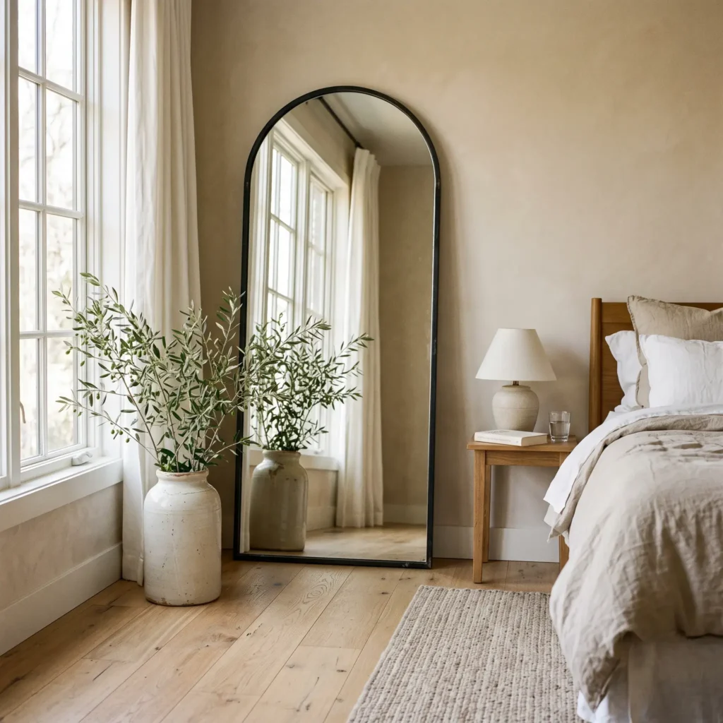 Tall arched black metal floor mirror leaning against a bedroom wall reflecting natural window light.