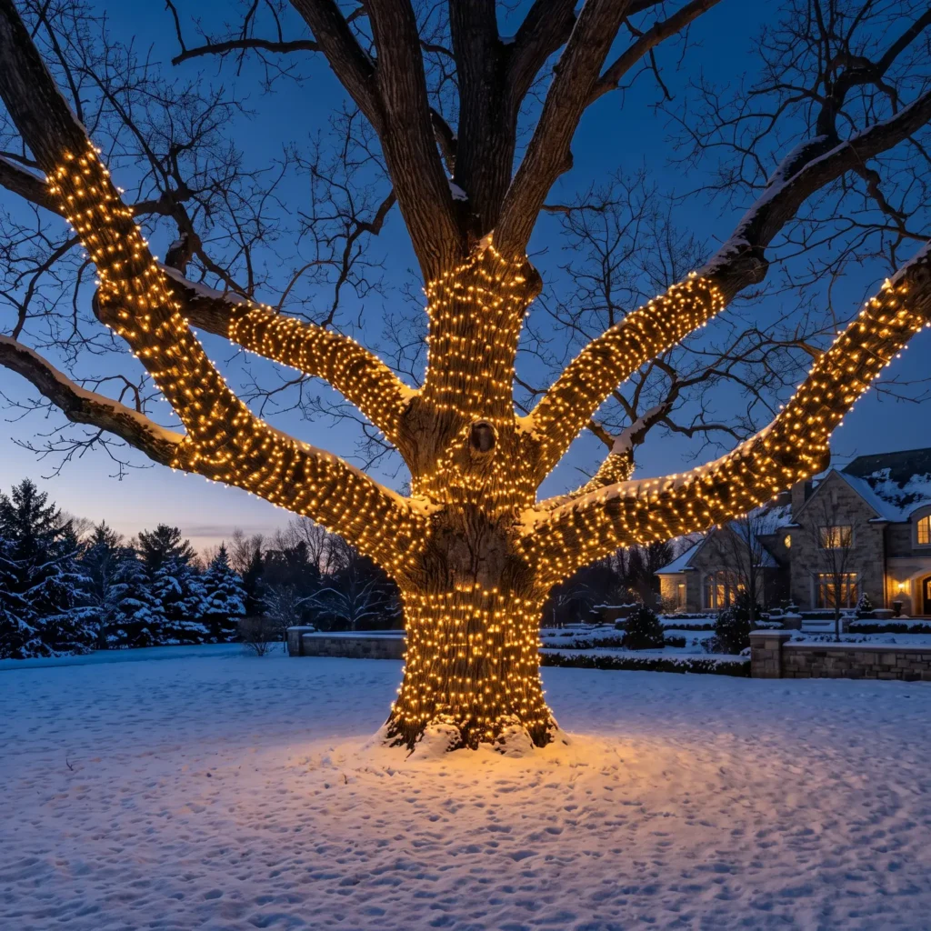  Large mature oak tree with trunk and main branches wrapped in tight, uniform spirals of warm white LED lights.
