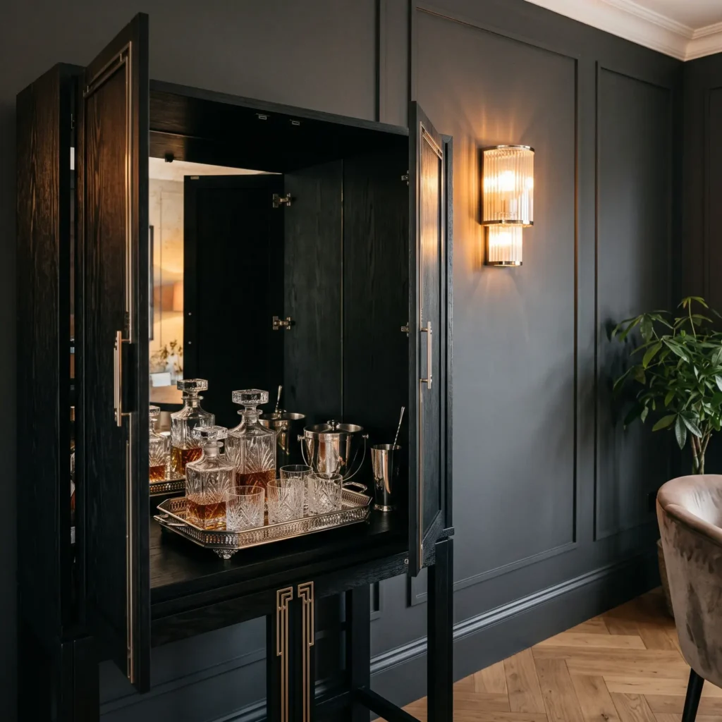 Art Deco style home bar corner with an ebonized black wood cabinet, heavy crystal decanters, and polished nickel hardware.