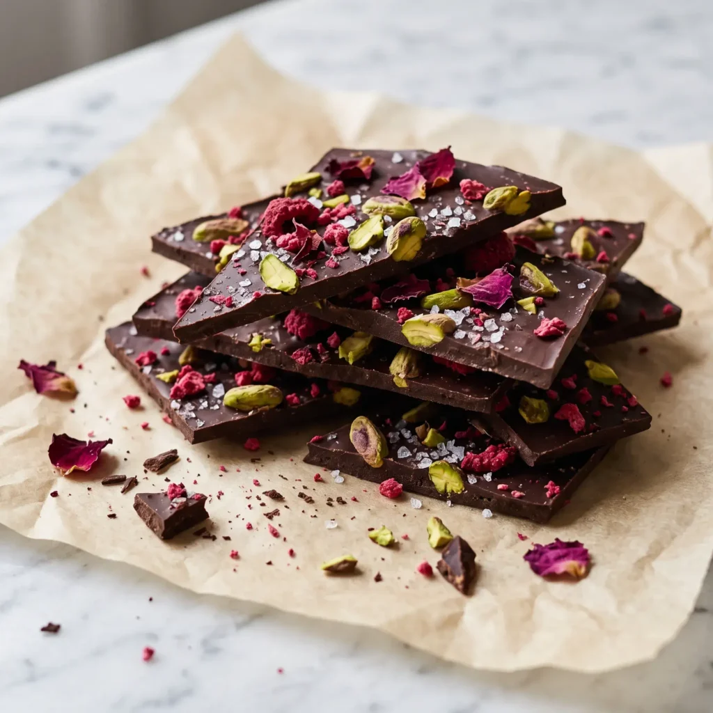 Shards of dark chocolate bark topped with bright green pistachios, pink freeze-dried raspberries, and dried rose petals.