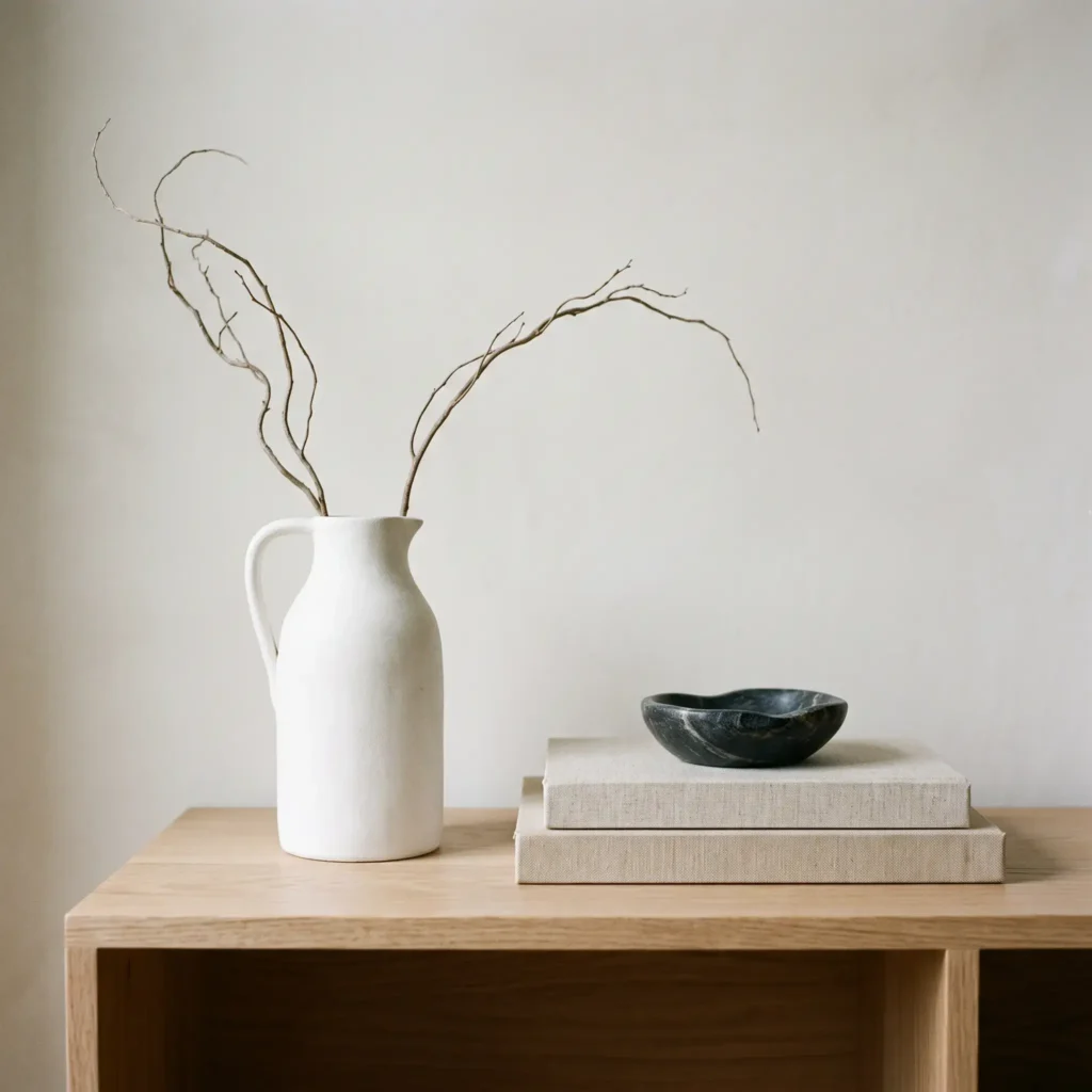 Matte white vase with dry branches and stacked design books styled on an oak credenza.