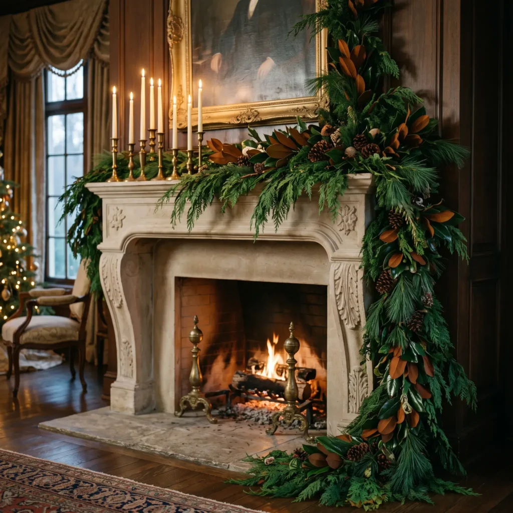 Asymmetrical cedar and magnolia garland cascading across a limestone fireplace mantel with brass candlesticks and beeswax tapers.