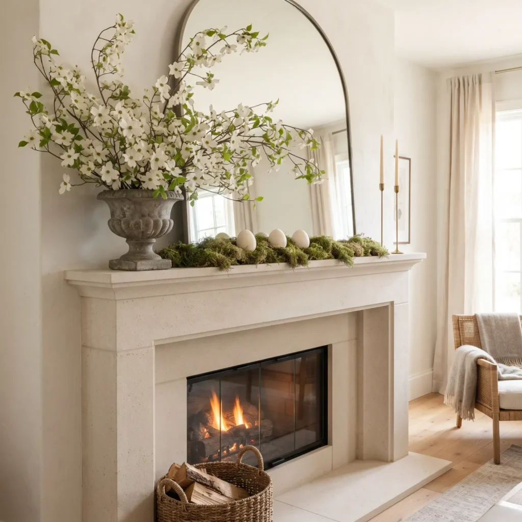 Living room fireplace mantel styled with an asymmetrical stone urn of white dogwood branches, moss, and goose eggs.