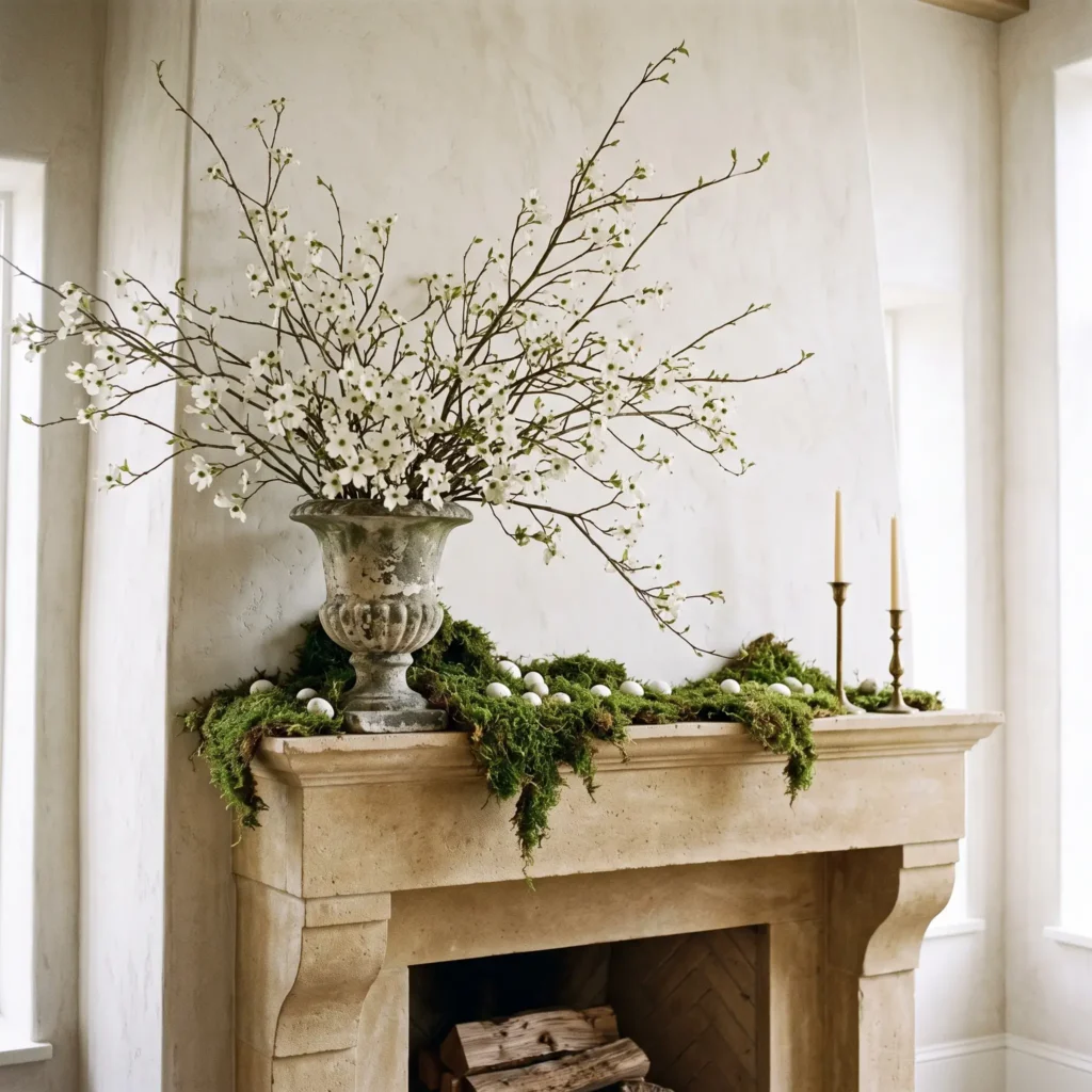Fireplace mantel styled with an asymmetrical arrangement of blooming dogwood branches in a stone urn and green moss.