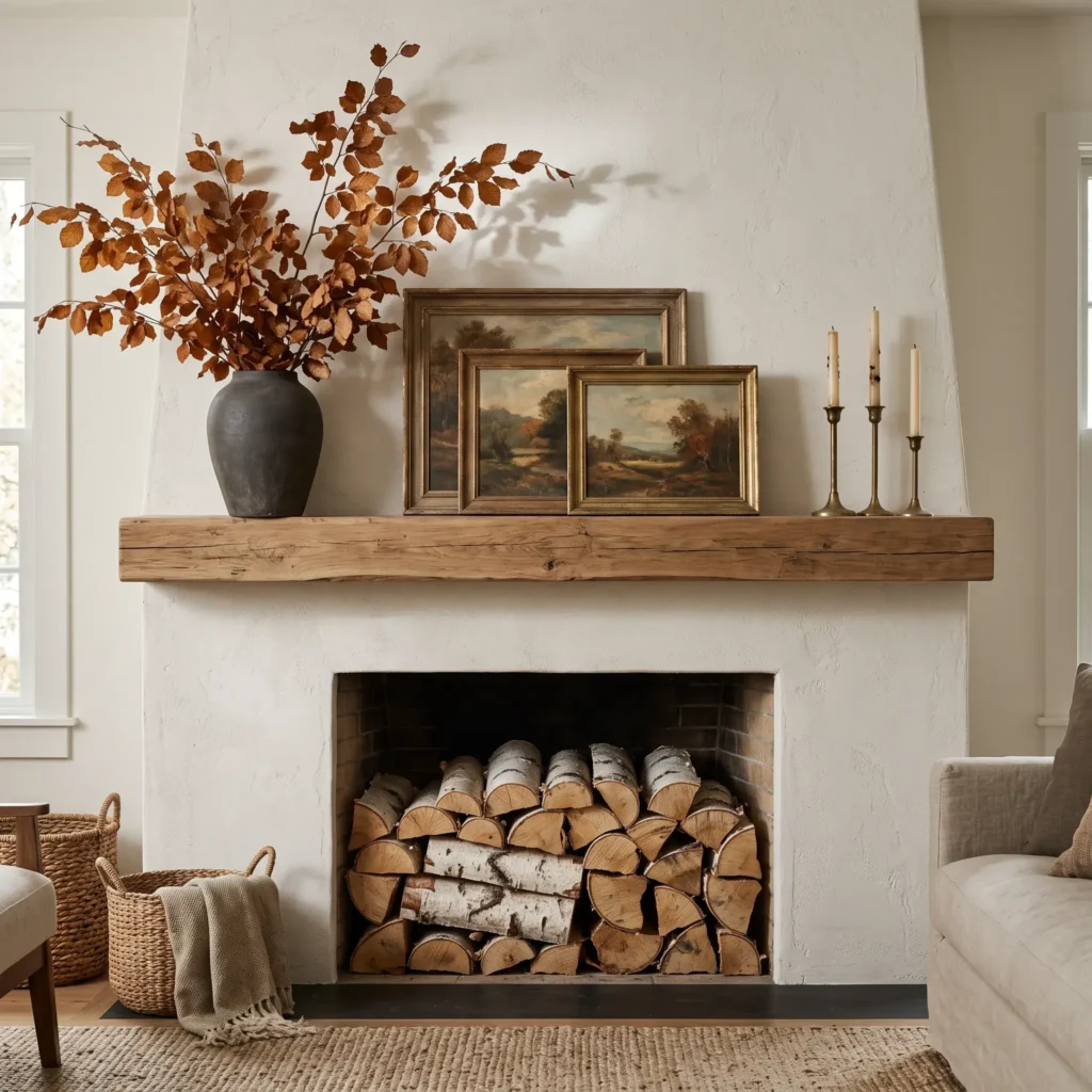  Asymmetrical fall fireplace mantel styled with preserved copper beech branches in a dark ceramic urn, antique art frames, and brass candleholders.