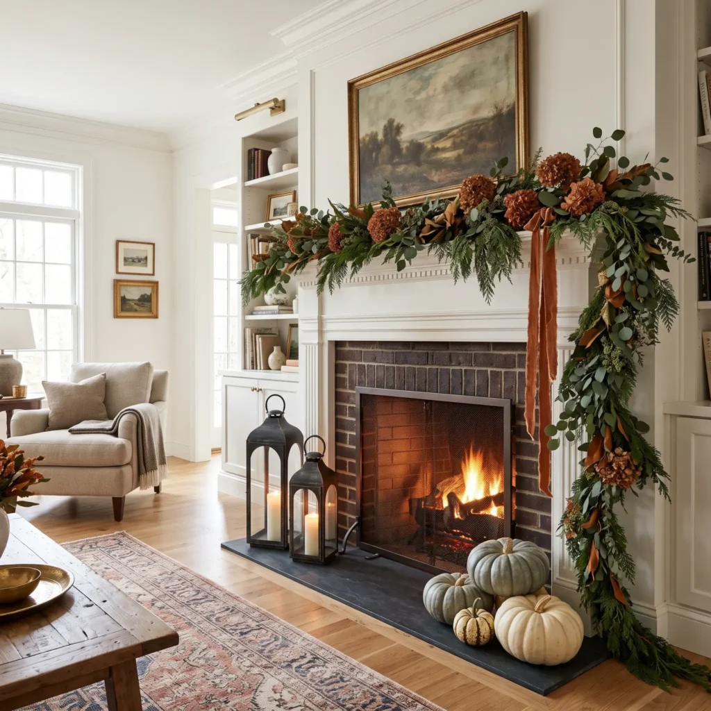 Living fireplace mantel with asymmetrical eucalyptus garland cascading down one side, grounded by heirloom pumpkins on the hearth.