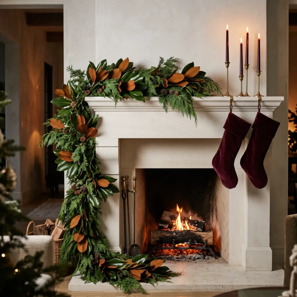 Limestone fireplace mantel featuring an asymmetrical cedar garland with flipped magnolia leaves and burgundy tapers.