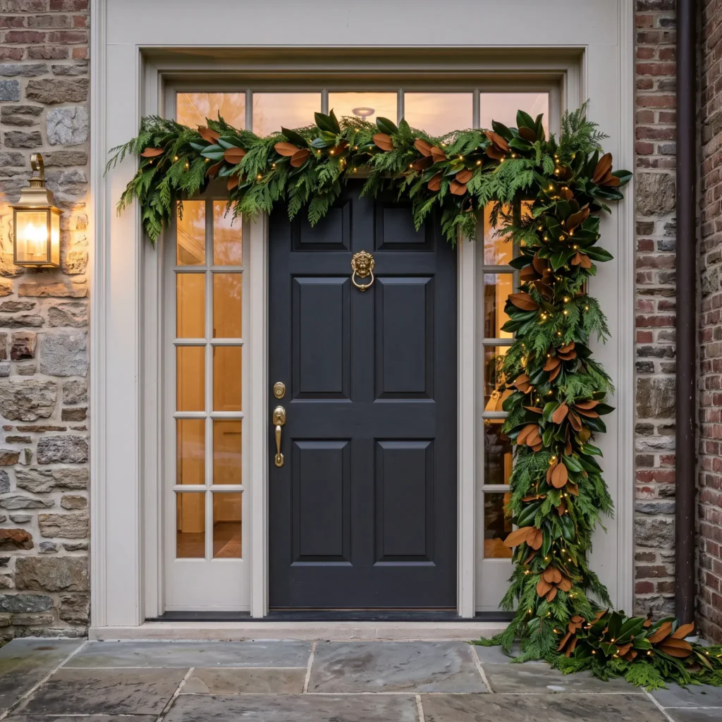 Lush asymmetrical cedar and magnolia garland framing a painted front door with warm string lights.