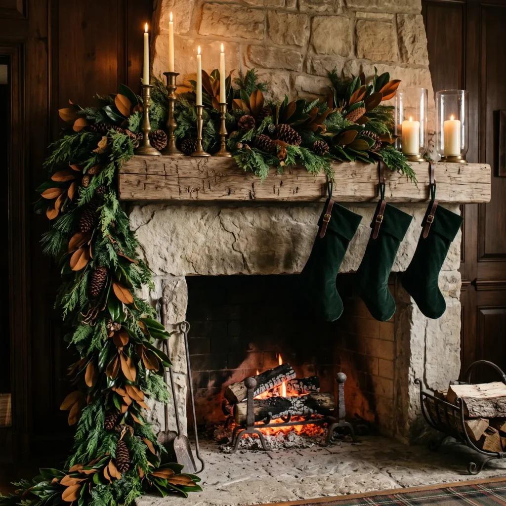 Asymmetrical evergreen mantel garland cascading to a stone hearth with brass candlesticks and velvet stockings.