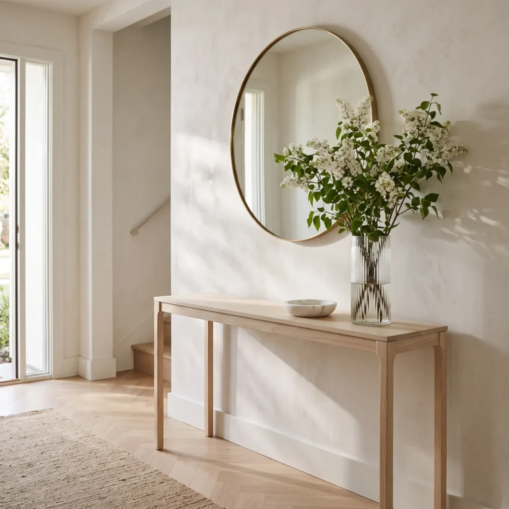 Asymmetrical entryway console with a round brass mirror, clear glass vase of lilacs, and a marble tray.