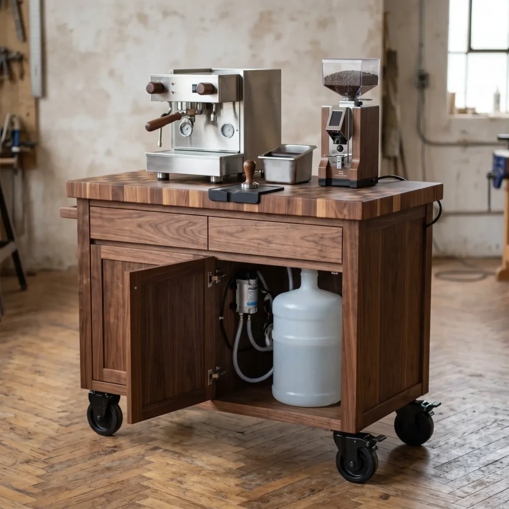 Mobile walnut coffee cart with lower cabinet doors open showing internal water pump and fresh water jug.