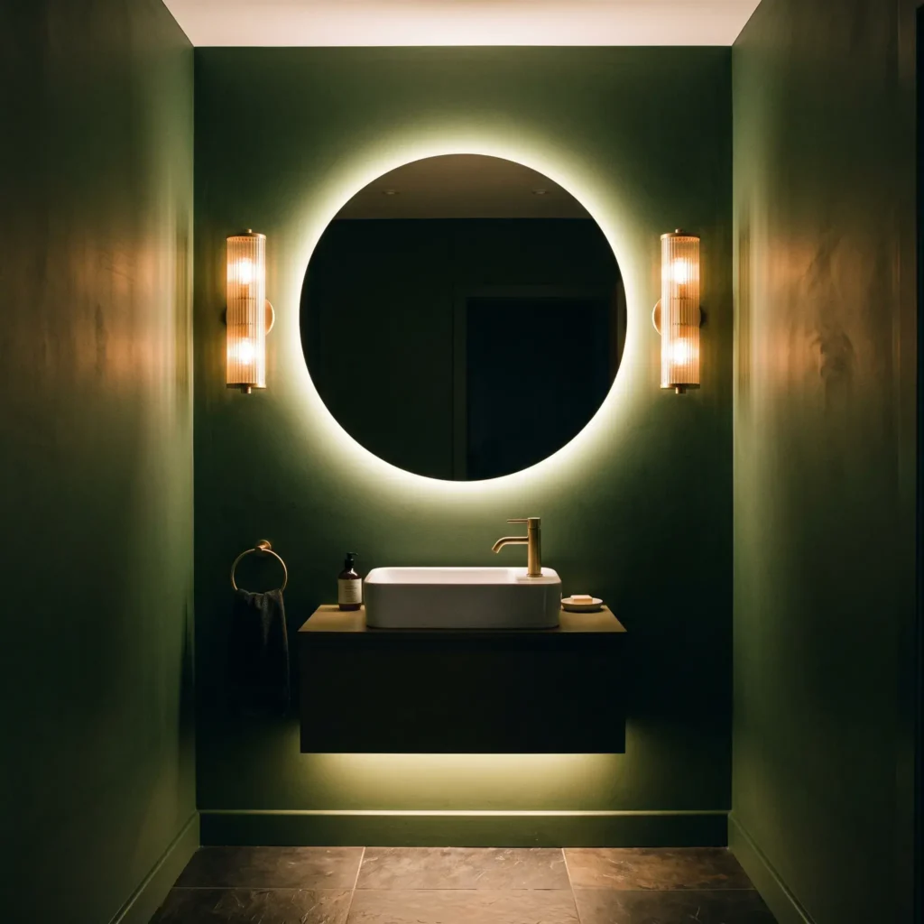 Windowless powder room with moss green walls and a warm backlit circular mirror.