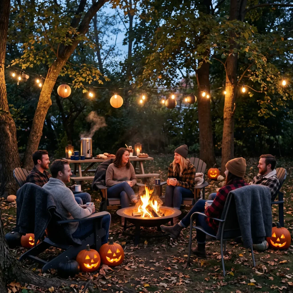 Outdoor Halloween party scene with a glowing fire pit, wool blankets on chairs, and overhead string lights.