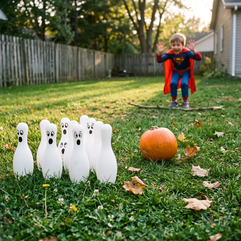 Small pumpkin rolling on grass toward white ghost bowling pins made from bottles